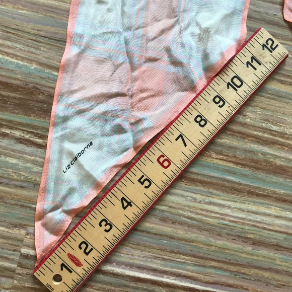 Liz Claiborne Coral Pink Plaid Silky Scarf Vintage Hair Bow Tie Headband 72" - Picture 5 of 7